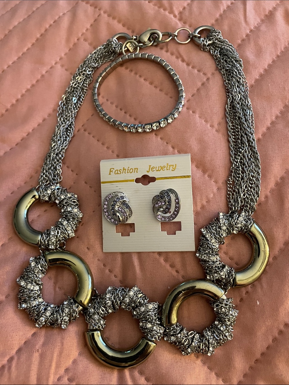 Fashion Jewelry Layered Chain Crystal Necklace,Earrings,Stretch Bracelet NEW EUC